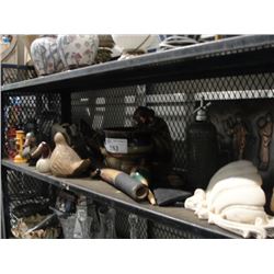 SHELF LOT OF ASSORTED COLLECTABLES AND DECORATIVE HOUSEHOLD ITEMS