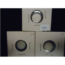 1902,07 & 1909 CANADA SILVER 5 CENTS