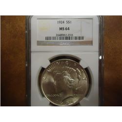 1924 PEACE SILVER DOLLAR NGC MS64
