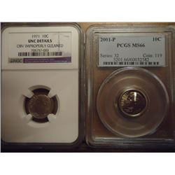 2 SLABBED ROOSEVELT DIMES SEE DESCRIPTION 1971 NGC UNC DETAILS AND 2001-P PCGS MS66