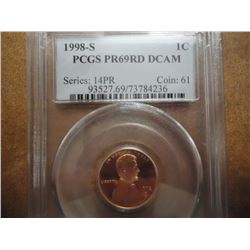 1998-S LINCOLN CENT PCGS PR69RD DCAM
