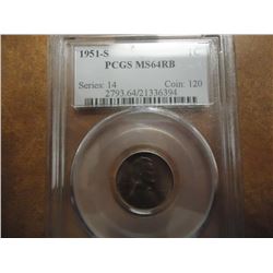 1951-S LINCOLN CENT PCGS MS64RB