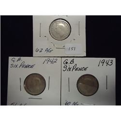 1939,42 & 43 GREAT BRITAIN SILVER 6 PENCE