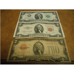 LOT OF 3- US $2 NOTES SEE DESCRIPTION 1928-G TOUGH SHAPE RED SEAL, 1953-B CRISP UNC RED SEAL AND 197