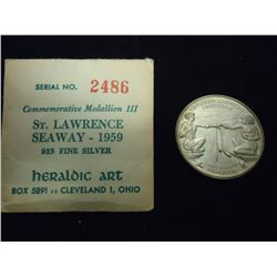 1959 ST. LAWRENCE SEAWAY SILVER COMMEMORATIVE MEDALLION III UNC HERALDIC ART, ORIGINAL PACKAGING