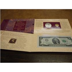 1993 THOMAS JEFFERSON COINAGE & CURRENCY SET INCLUDES SILVER DOLLAR, JEFFERSON NICKEL AND $2 NOTE, O