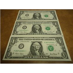 3-2001 $1 FRN'S CONSECUTIVE SERIAL #'S CRISP UNC F05749301 STAR-F05749303 STAR
