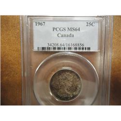 1967 CANADA SILVER 25 CENT PCGS MS64 TONED