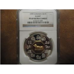 1999 CANADA SILVER $15 NGC PF69 ULTRA CAMEO 24KT GOLD INLAY RABBIT