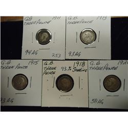 1911,13,15,18 & 1920 GREAT BRITAIN SILVER 3 PENCE