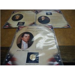 3-COIN & STAMP SETS UNC 2008 MONROE $, 2008 ADAMS DOLLAR AND 2008 JACKSON  DOLLAR
