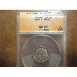 1944-B SWISS SILVER 1/2 FRANC ANACS AU55 DETAILS