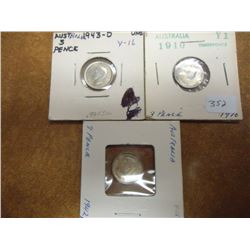 1910,1942 & 1943 AUSTRALIA SILVER 3 PENCE