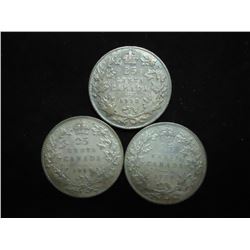 1912, 1919 & 1920 CANADA SILVER 25 CENTS