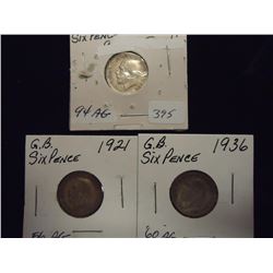 1919,1921 & 1936 GREAT BRITAIN SILVER 6 PENCE
