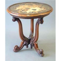 A late Regency rosewood circular occasional table, inset agate top on three downswept legs, carve...