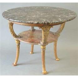 A Regency giltwood occasional table, with circular marble top on four acanthus carved supports wi...