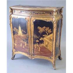A Victorian ormolu mounted chinoiserie lacquered serpentine cabinet stamped C. Mellier & Co., Lon...