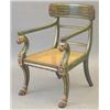 Image 1 : A Regency green painted and parcel gilt elbow chair in the manner of Thomas Hope, with wide curve...