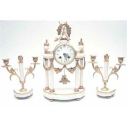 A French late 19th century white marble and gilt bronze clock set, the portico clock with painted...
