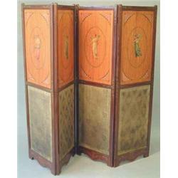 A late Victorian mahogany four fold screen, with painted satinwood panels of dancing women on one...