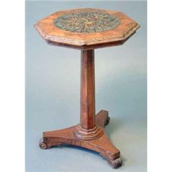 A Victorian octagonal oak occasional table, with inset agate top on tapered stem and platform wit...