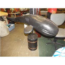 HAND CRAFTED -WOOD CARVED -FOLK ART STATUE - WHALE ON WOOD BARREL DESIGN STAND  - BLACK - AS-IS - cr