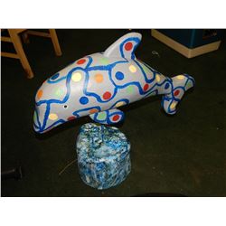 HAND CRAFTED -WOOD CARVED -FOLK ART STATUE - WHALE ON STAND - STRIPED - 27" X 28"