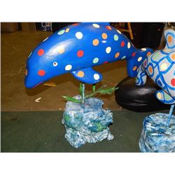 HAND CRAFTED -WOOD CARVED -FOLK ART STATUE - WHALE ON STAND - SPOTTED