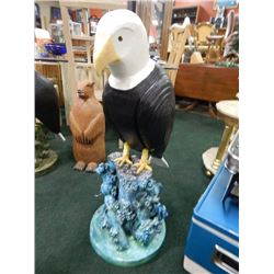 HAND CRAFTED -WOOD CARVED -FOLK ART STATUE - BALD EAGLE - BLUE BASE