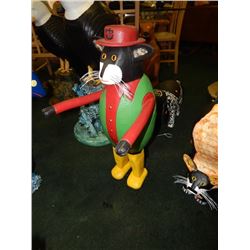 HAND CRAFTED -WOOD CARVED -FOLK ART STATUE - CAT - RED HAT - YELLOW FEET - GREEN VEST