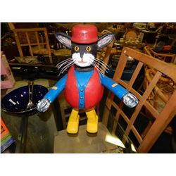HAND CRAFTED -WOOD CARVED -FOLK ART STATUE - CAT - RED HAT - YELLOW FEET - RED VEST -
