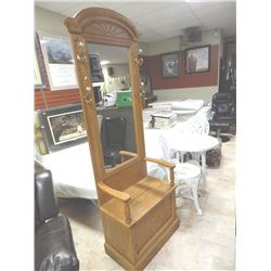 OAK MIRROR BACK HALL BENCH - USED -HAT HOOKS, STORAGE BENCH SEAT - 26" X 16" X 74" TALL