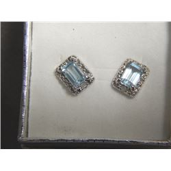 NEW EARINGS - BLUE TOPAZ AND DIAMOND EMERALD CUT WITH STERLING SILVER SETTING - RETAIL ~$285