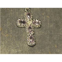 NECKLACE - STERLING SILVER AMETHYST & DIAMOND CROSS NECKLACE - 5 PEAR CUT AMETHYSTS. SUGGESTED RETAI