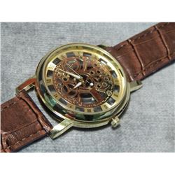 WATCH - NEW - BROWN SKELETON WATCH WITH LEATHER STRAP - WORKING -  SUGGESTED RETAIL $165