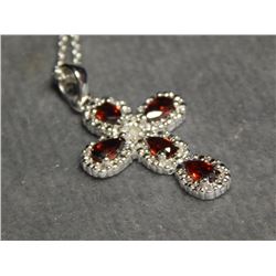 NECKLACE GARNET & DIAMOND CROSS - 1.24 CTW GARNETS - INCLUDES $310 CERTIFICATE - STERLING SILVER SET