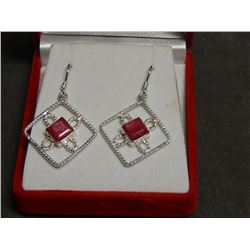 EARRINGS - NEW .925 SILVER - PRINCESS CUT RUBY'S - FRENCH HOOKS