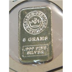 BULLION - .999 FINE SILVER MONARCH MINT BAR - 5 GRAMS - HAND POURED AND PRESSED -