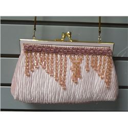 pink beaded with gold strap evening bag