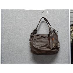 PURSE - USED- BROWN WITH CROME TRIMMED HANDLES