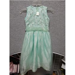 DRESS CHILDREN - HOME MADE/HAND MADE - AQUA DRESSS WITH SILVER LEAF AND FLOWER STITCHWORK - SIZE FOR