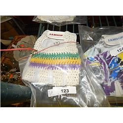 GLOVES - PAIR OF SAMSON GLOVES  - WHITE WITH PURPLE GREEN YELLOW STRIP -  L
