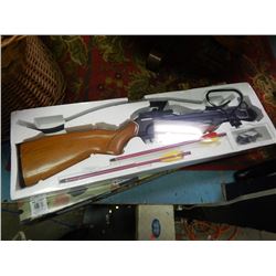 NEW - CROSSBOW WITH 150LB DRAW WEIGHT - WOODEN STOCK AND 2 ALUMINUM ARROWS - IN BOX - NO WARRANTY NO