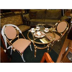 SMALL 3PC BISTRO/PATIO SET - FAUX WICKER GLASS TOP TABLE AND 2 CHAIRS