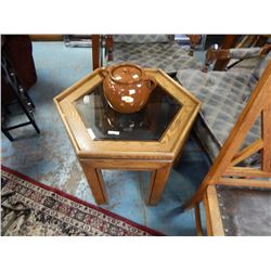 HEXAGON OAK AND GLASS END TABLE
