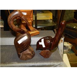 IRON WOOD CARVING - PELICAN AND HERON - 2PC