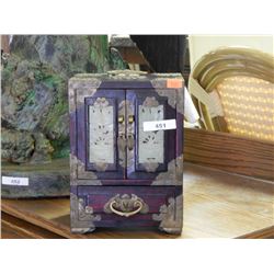 INLAID JEWELERY BOX AND CONTENTS