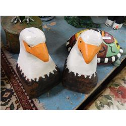 HAND CRAFTED -WOOD CARVED -FOLK ART STATUE - TWIN EAGLE HEADS - 9"H