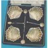 Image 1 : A Victorian set of 4 silver scallop salts and spoons, with gilt bowls, in fitted case, Birmingham...